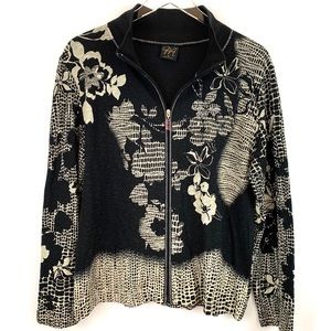 Black Floral Cardigan with Zipper, Size Medium
